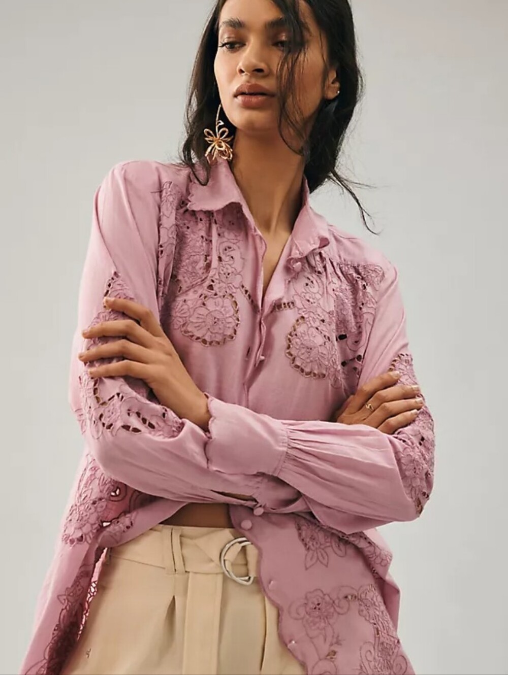 Anthropologie Lavender Pink Lace-Detail Button Down Blouse